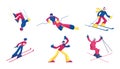 Set of Sportsmen Freestyle Skiing Jump. Winter Sport Activity Combine Skiing and Acrobatics Stunts. Aerialist Skiers