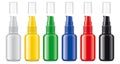 Set of Spray bottles. Non-transparent Glossy surface. Open Caps. Royalty Free Stock Photo