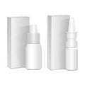 Set of Spray Nasal or Eye Antiseptic Drugs. White Plastic Bottle With Box. Common Cold, Allergies. Vector Realistic Mock