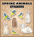 Set of spring animals stickers. Label doodles collection Royalty Free Stock Photo