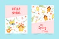 Set of spring cards. Hello spring with lettering, cute houses, boots, birds, flowers and more.