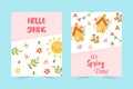 Set of spring cards. Hello spring with lettering, cute houses, dragonflies, butterflies, flowers and more.