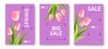 Set of Spring big sale posters with realistic full blossom tulips. Set of modern magazine covers.