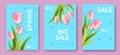 Set of Spring big sale posters with realistic full blossom tulips. Set of modern magazine covers.
