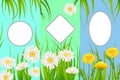 Set spring cards of floral flowers dandelions and daisies, chamomiles, grass backgrounds. Colorful spring vertical Royalty Free Stock Photo