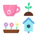 Set of spring elements. Cup with tea, young plant, flowers in pot and birdhouse. Print for sticker pack, clothes