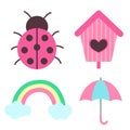 Set of spring elements. Ladybug, rainbow with clouds, umbrella and birdhouse. Print for sticker pack, clothes, textile