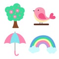 Set of spring elements. Tree with spring flowers, pink bird, umbrella and rainbow with clouds. Print for sticker pack Royalty Free Stock Photo