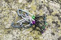 Set spring-loaded camming device (SLCD, cam, friend) on the rock Royalty Free Stock Photo