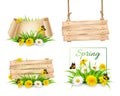 Set of spring nature banners with flowers and a wooden sign. Royalty Free Stock Photo