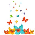 Set of spring vector drawings of butterflies, flowers