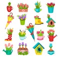 Set of spring wild and garden flowers. Beautiful flowers in birdhouse, rubber boots, cup, watering can cartoon vector Royalty Free Stock Photo