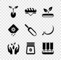 Set Sprout, Bread loaf, Plant in hand, Bag of coffee beans, Wheat, Pack full seeds plant and Scoop flour icon. Vector