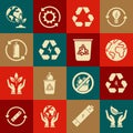 Set Sprout in hand of environmental protection, Recycle symbol leaf, Earth globe, Battery with recycle, Recycling Royalty Free Stock Photo