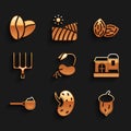 Set Sprout, Seed, Acorn, oak nut, seed, Farm house, Measuring cup with flour, Garden pitchfork, and Coffee beans icon