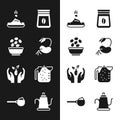 Set Sprout, Seeds in bowl, Bag of coffee beans, Plant hand, Measuring cup, Watering can and with flour icon. Vector