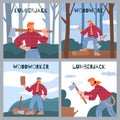 Set of square banners with strong muscular lumberjacks cutting trees in forest