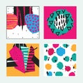 Set with square bright cards drawn in graphic style with hand drawn pattern, elements and stripes. Design good for print, invitati