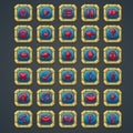 Set of square buttons with stone elements and symbols for web interface and computer games