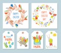 Set square easter cards, gift tags and labels. Wreath off easter egg, easter bunnies, flowers, clipart. Easter elements. For Royalty Free Stock Photo