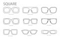 Set of Square frame glasses fashion accessory illustration. Sunglass front view for Men, women, unisex silhouette