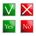 Set of square glossy yes and no buttons for interface. Check marks and crosses for the menu. Vector illustration isolated Royalty Free Stock Photo