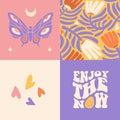 Set of 4 square groovy retro 70s style cards with retro lettering text Enjoy the now, anstract flowers and butterfly