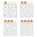 A set of square mazes. Four levels of difficulty. Cute mushrooms. Game for kids. One entrances, one exit. Labyrinth conundrum. Royalty Free Stock Photo