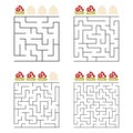 A set of square mazes. Four levels of difficulty. Cute mushrooms. Game for kids. One entrances, one exit. Labyrinth conundrum.