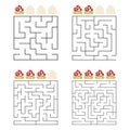 A set of square mazes. Four levels of difficulty. Cute mushrooms. Game for kids. One entrances, one exit. Labyrinth conundrum. Royalty Free Stock Photo