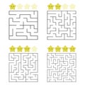 A set of square mazes. Four levels of difficulty. Cute stars. Game for kids. Puzzle for children. One entrances, one exit. Royalty Free Stock Photo