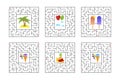 A set of square mazes. Game for kids. Puzzle for children. One entrances, one exit. Labyrinth conundrum. Flat vector illustration