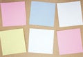 Set of square paper notes on kraft paper background. Multicolored paper sheets. Glued notes, stickers or memos. Mockup for design.