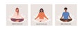 Set of square posters with diverse female and male people meditating on lotus flower and doing yoga breathing exercise Royalty Free Stock Photo