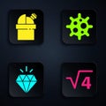 Set Square root of 4 glyph, Astronomical observatory, Diamond and Virus. Black square button. Vector