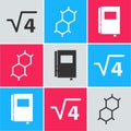 Set Square root of 4 glyph, Chemical formula and Book icon. Vector