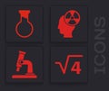 Set Square root of 4 glyph, Test tube and flask, Head and radiation symbol and Microscope icon. Vector Royalty Free Stock Photo