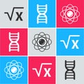 Set Square root of x glyph, DNA symbol and Atom icon. Vector Royalty Free Stock Photo