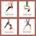 Set of squared banners about aerial yoga flat style, vector illustration Royalty Free Stock Photo