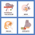 Set of squared banners with funny playing cats flat style