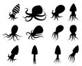 Set of Squid icons in silhouette style, vector Royalty Free Stock Photo