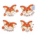 Set of squirrels in cartoon style on a white isolated background with inscriptions. Stickers with the words Thank you