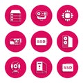 Set SSD card, Case of computer, Web camera, Video graphic, Processor with CPU and Server, Data, Hosting icon. Vector Royalty Free Stock Photo