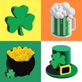 Set of St. Patrick Day 3D Isometric Icons on Colored backgrounds Ã¢â¬â Shamrock, Green Beer, Pot of Gold, and Leprechaun Hat Royalty Free Stock Photo