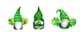 Set Of St Patrick Day Gnomes In Striped And Decorated Hats With Four Leaves Clovers - Luck Symbols. Watercolor Green