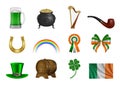 Set of St. Patrick`s day elements and symbols. Isolated beer mug, pot, harp, pipe, horseshoe, rainbow, cockade, bow, hat, barrel,c Royalty Free Stock Photo