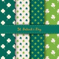 Set of St. Patrick`s Day Seamless Patterns with Clover and shamrock in Green and White color.