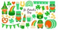 Set of St. Patricks Day symbols. Collection of elements clover, leprechaun hat, pot of gold coin, green beer. Royalty Free Stock Photo