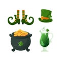 Set of St. Patricks Day symbols. Leprechaun top hat, gold cauldron, vintage shoes with buckles, feet in striped