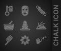 Set Stack hot stones, Flower, Sauna ladle, Campfire, Hairbrush, Mortar and pestle, Washcloth and thermometer icon Royalty Free Stock Photo